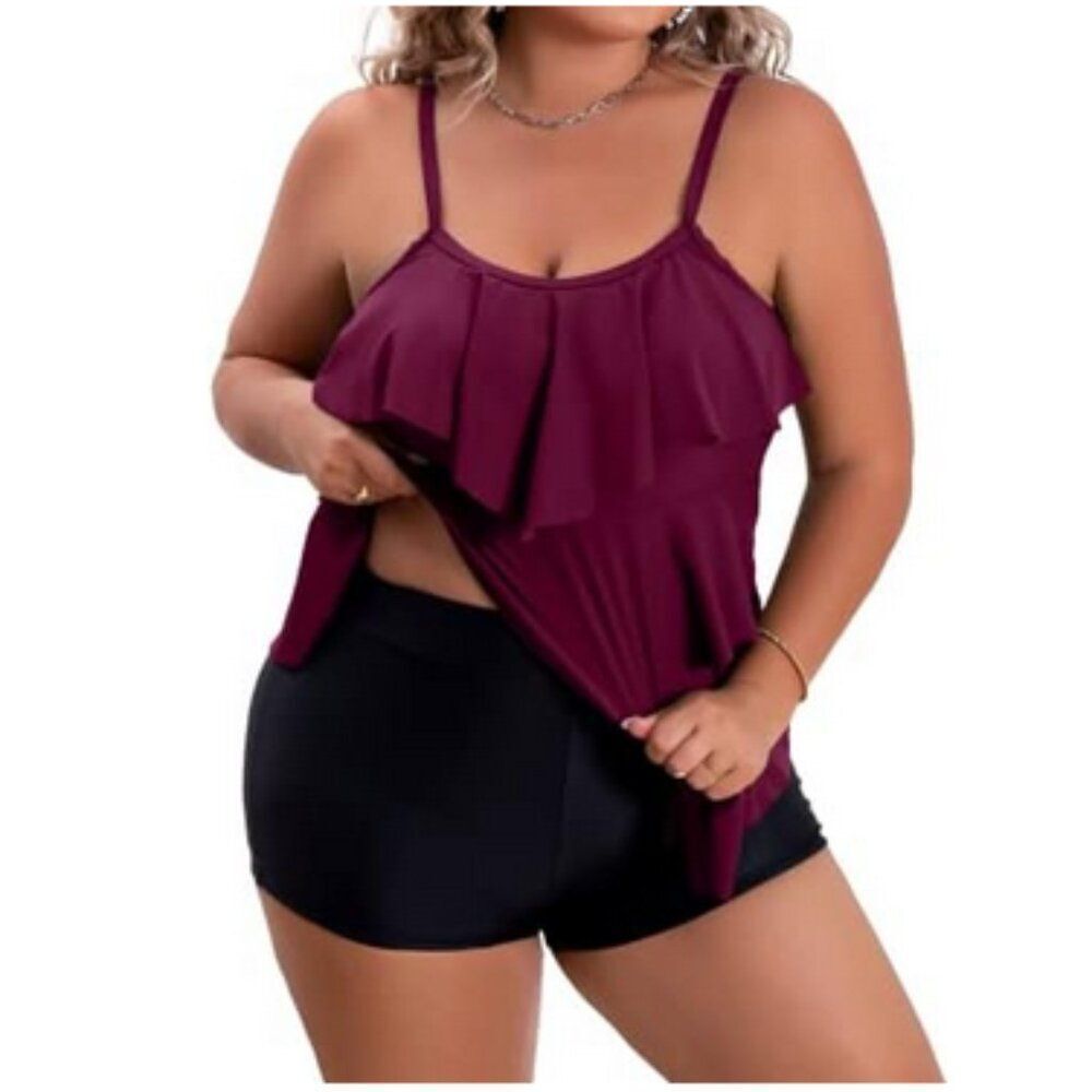B2Prity Women's Size XL Maroon Ruffled Flounce Tankini Swim Top